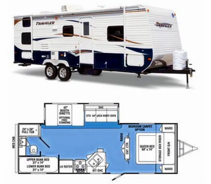RV rental: See this travel trailer's exterior and detailed floor plan, featuring a queen bed and bunk beds.. Holiday rambler Traveler 2013