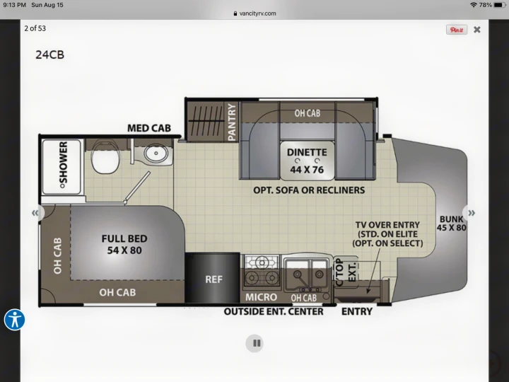 This RV rental floor plan (24CB) details a motorhome layout with a full bed, dinette, kitchen, and bathroom.. Mercedes-Benz Sprinter Coachmen Prism 2021