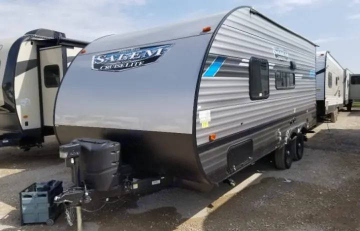 This modern gray Salem Cruise Lite travel trailer could be your next rv rental, perfect for outdoor adventures.. Forest River Salem Cruise Lite 2021