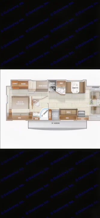 RV rental floor plan: 60x74 queen bed, bunk beds, kitchen, dinette, 32" shower, sofa, and swivel chairs for a comfortable interior.. Jayco Redhawk 2021