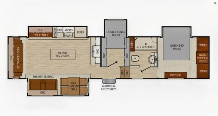 RV rental floor plan: Detailed recreational vehicle layout showing a kitchen island, living area, queen bed, bunk beds, and full bath.. Forest River Coachmen Chaparral 2017