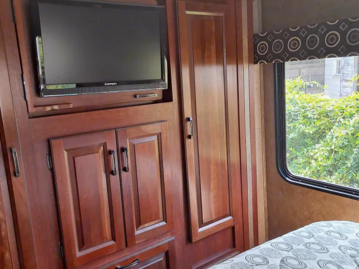 Cozy rv rental bedroom featuring a TV mounted on wooden cabinetry, a window with lush outdoor views, and patterned bedding.. Forest River Sunseeker 2018