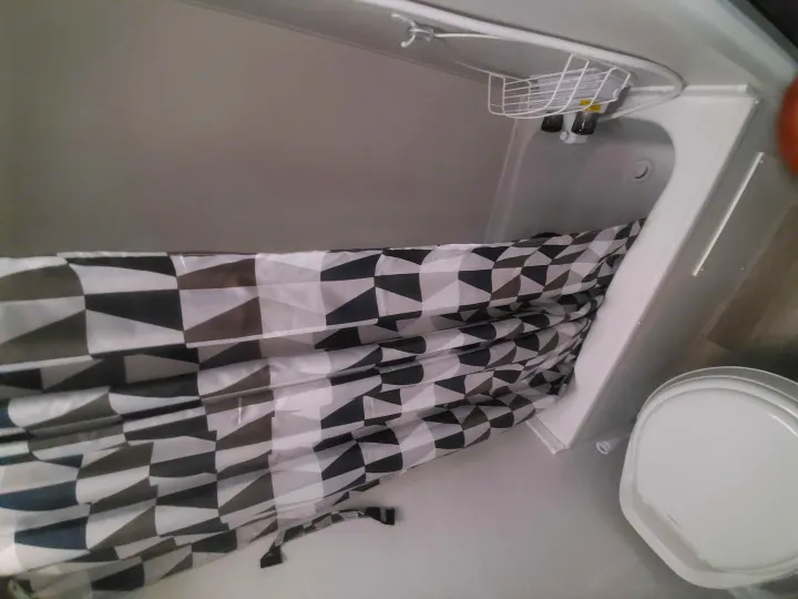 Compact RV rental shower bathroom with a geometric patterned curtain, toiletries caddy, and toilet visible.. Forest River Salem 2019