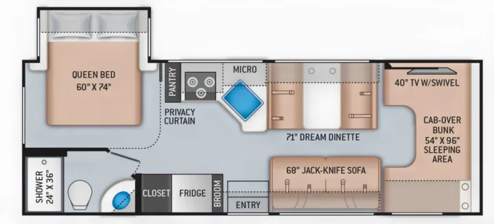 RV rental floor plan showing a queen bed, bath, kitchen, dinette, sofa, and cab-over bunk. See its convenient interior layout.. Thor Motor Coach Freedom Elite 2022