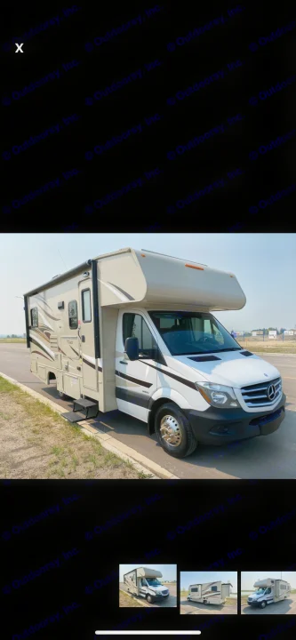 A Class C RV rental, beige with accent graphics on a white Mercedes-Benz Sprinter chassis, parked outdoors.. Coachmen Prism 2016