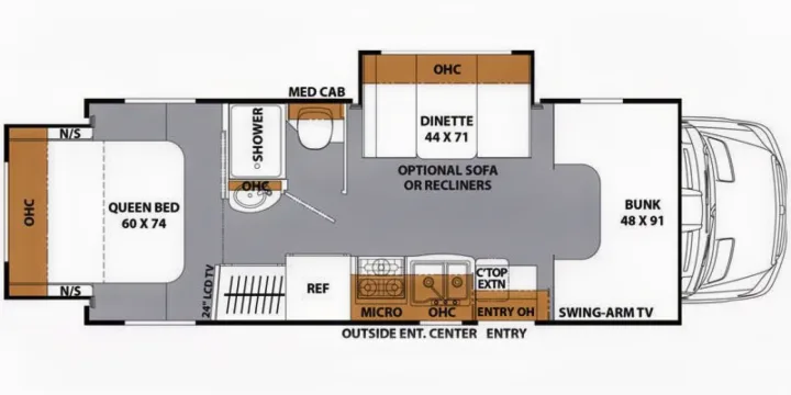RV rental floor plan: Detailed motorhome interior layout featuring queen bed, dinette, kitchen, bunk, and bath.. Coachmen Prism 2016