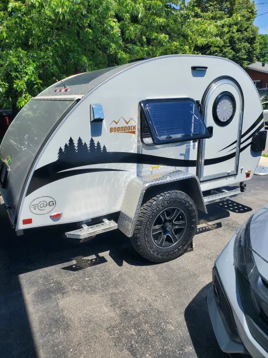 This rugged grey teardrop camper is ready for adventure! Inquire about our RV rental options.. nuCamp T@G 2021