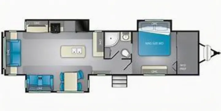 RV rental floor plan: large fifth wheel with king bed, living, kitchen, bath, & slide-outs. Great for travel.. Heartland RVs Mallard 2021