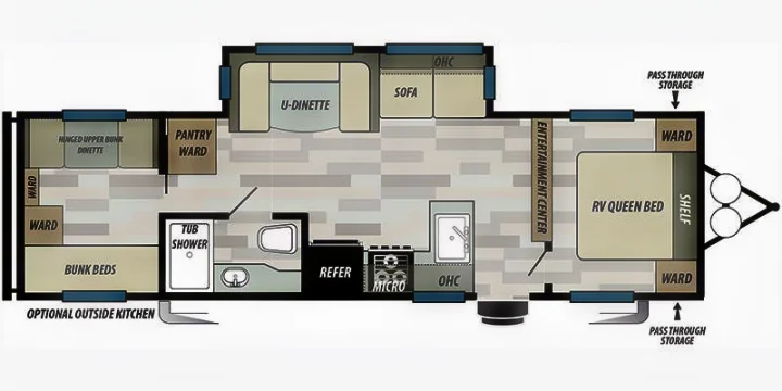 RV rental floor plan showcasing interior layout with queen bed, bunk beds, kitchen, bath, dinette, and storage.. Forest River Salem 2021