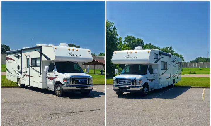 Two perspective views of a white Coachmen Freelander RV rental parked in a sunny lot.. Forest River Coachmen Freelander 2011