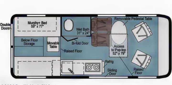 RV rental floor plan: Compact camper van layout with bed, wet bath, kitchen, seating, and pop-top access.. Winnebago Solis 2021