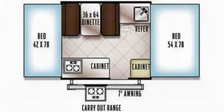 RV rental: Pop-up camper floor plan with beds, dinette, kitchen, and outdoor range. Ideal for trips.. Forest River Flagstaff 2021