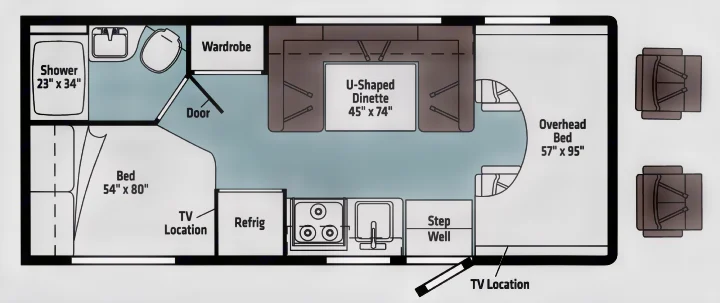 RV rental floor plan: Camper layout with bed, U-dinette, kitchen, bath, wardrobe, and overhead bed.. Winnebago Minnie Winnie 2021