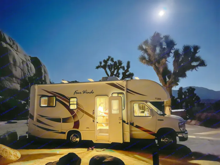 Moonlit night camping in a cozy **rv rental**, with a person reading inside amidst Joshua trees.. Thor Four Winds 2019