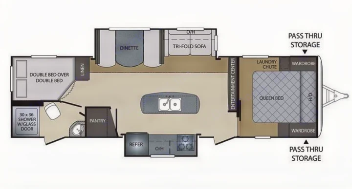 RV rental floor plan shows interior layout with queen bed, bunk beds, dinette, kitchen, and full bath.. Keystone RV Bullet Premier 2015