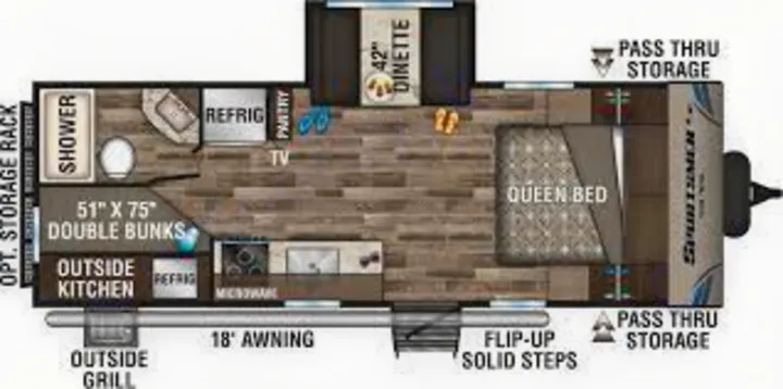 This RV rental floor plan details a spacious layout with a queen bed, double bunks, 42" dinette, kitchen, bath, and ample storage.. K-Z Manufacturing Sportsmen 2019