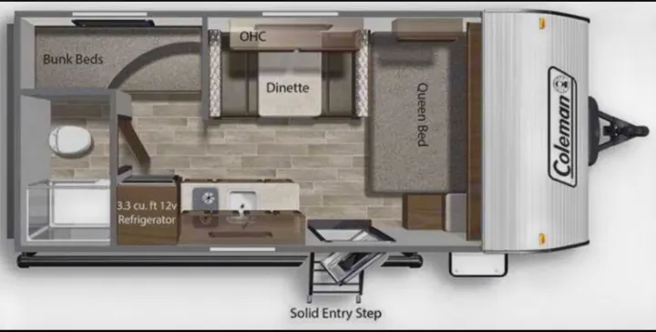 Coleman travel trailer floor plan for rv rental: queen bed, bunks, dinette, kitchen, and bath. Perfect small camper layout.. Coleman Other 2021