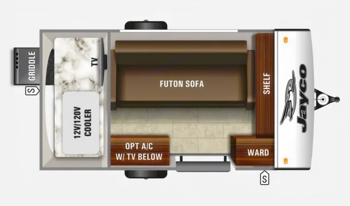 Detailed RV rental floor plan: View the compact interior with a futon sofa, cooler, TV, griddle, and storage areas.. Jayco Jay Feather Micro 12SRK 2021