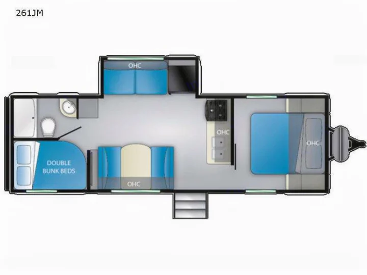 RV rental floor plan: 261JM travel trailer interior layout featuring master bedroom, bunk beds, kitchen, and bathroom.. Heartland Trail Runner 2022
