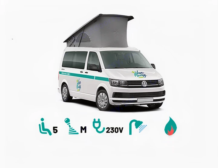 White pop-top camper van for rv rental, highlighting features: 5 seats, manual, 230V, shower, and heating.. Volkswagen California Beach T6.1 2023