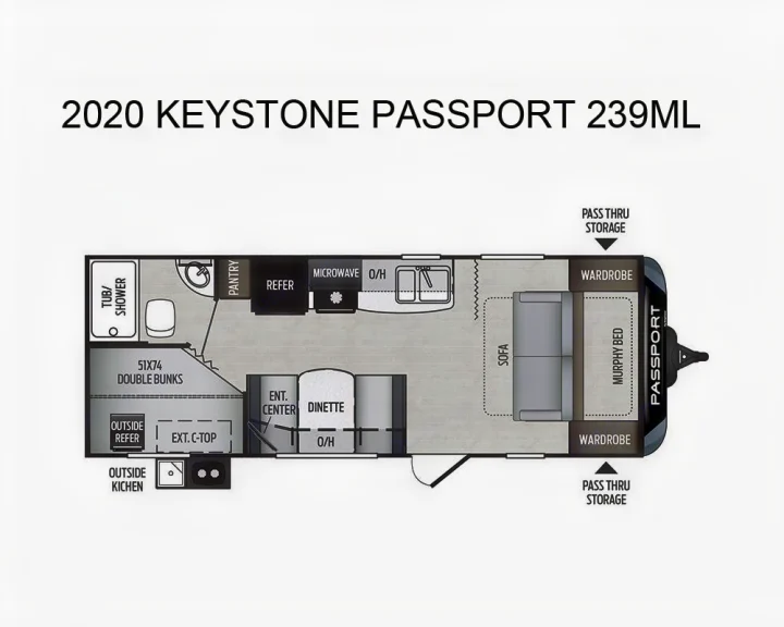 Detailed 2020 Keystone Passport 239ML travel trailer floor plan, ideal for an RV rental. Displays layout with kitchen, bath, bunks, and Murphy bed.. Other Passport 2020