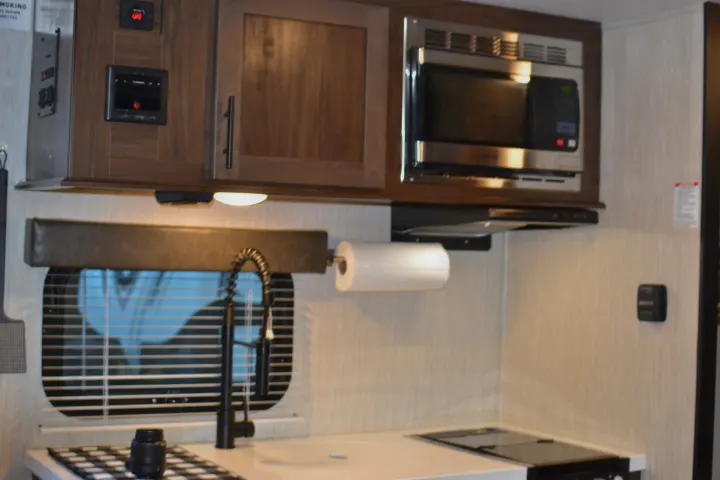 This RV rental kitchen features a microwave, sink with a modern faucet, paper towel holder, and cabinets.. Forest River Cherokee Wolf Pup 2020