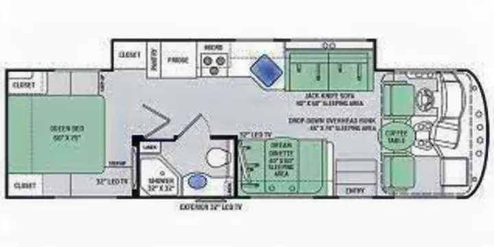 RV rental floor plan showing a full interior layout: bedroom, bath, kitchen, living space, and front cockpit.. Thor Motor Coach A.C.E 2017