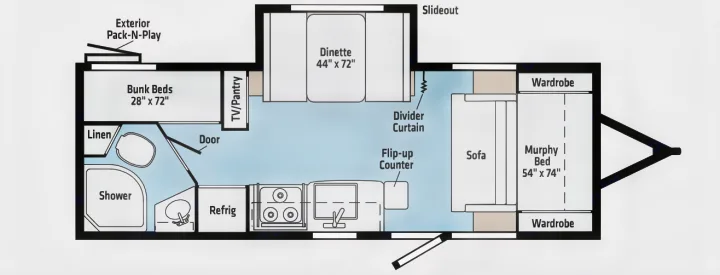 RV rental floor plan showing a spacious layout with bunk beds, Murphy bed, dinette, kitchen, & bath.. Winnebago Micro Minnie 2021