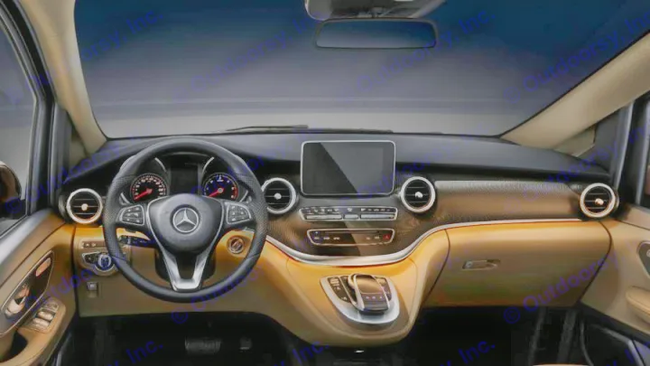 Experience comfort inside this modern Mercedes-Benz van, perfect for your next **RV rental**. View of its premium dashboard & spacious interior.. Mercedes Class V Marco Polo 2021