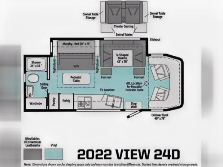 Explore this 2022 View 24D RV floor plan, showing flexible sleeping (Murphy+ Bed, bunk) & living areas. Perfect for an rv rental.. Winnebago View 2022