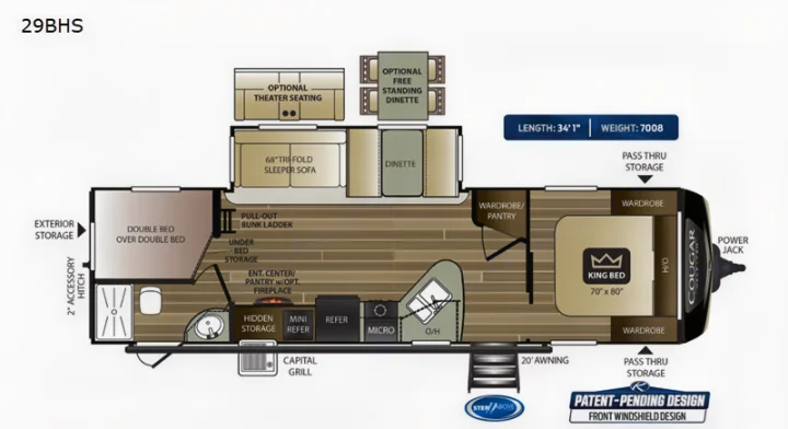 Detailed rv rental floor plan (29BHS) shows a travel trailer layout with king bed, bunkhouse, kitchen, and living area. Length 34'1".. Keystone Cougar Half-Ton 2020
