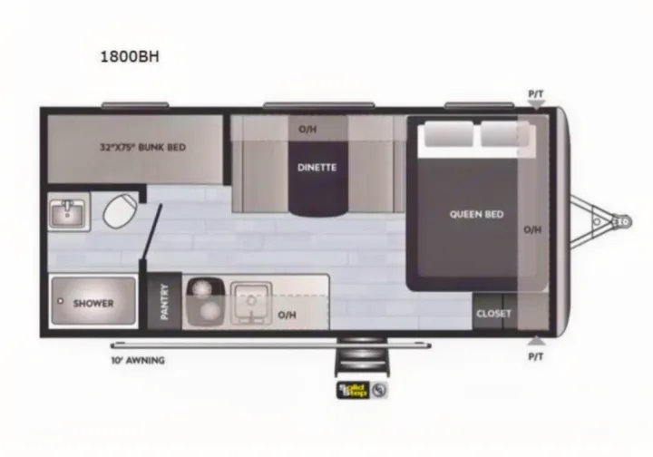 This RV rental floor plan for the 1800BH model features a queen bed, bunk beds, dinette, and full bath.. Keystone Springdale 1800BH 2019