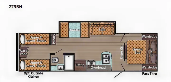 RV rental 279BH floor plan: a travel trailer layout featuring a queen bed, bunks, dinette, full kitchen & bath.. Gulf Stream Kingsport 2021