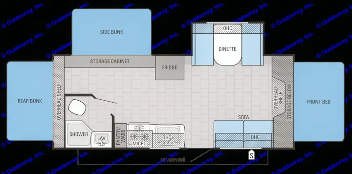 This floor plan shows you how much room the strong and comfortable fold out tent styles beds give this trailer. 
Easily sleeping 8 adults. Jayco Jay Feather 2016