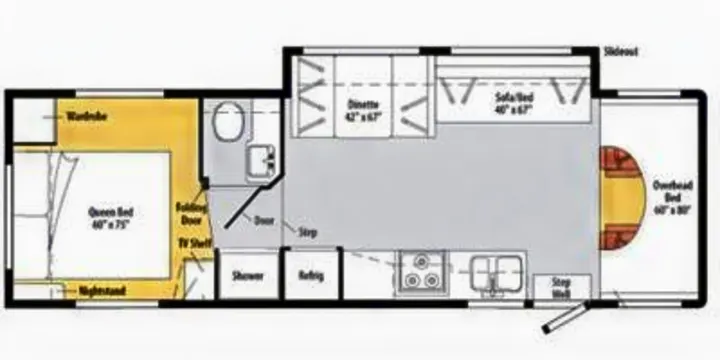 This RV rental floor plan shows a detailed layout with queen and overhead beds, dinette, kitchen, and bathroom.. Winnebago Access 2011