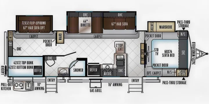 Detailed RV rental floor plan: sleeps many with bunks & bed, includes kitchen, bath, dinette. Ideal for travel & camping.. Forest River Rockwood Signature Ultra Lite 2017