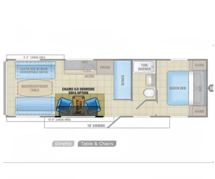 RV rental floor plan: large cargo areas, queen beds, bunks, kitchen, and full bath for comfortable travel.. Jayco Octane 2017
