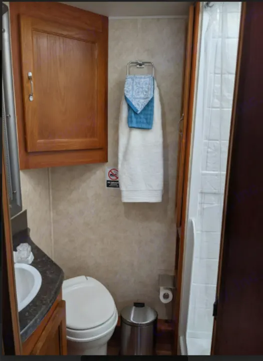RV rental bathroom with sink, toilet, shower, and cabinet, showing compact and functional design for travel.. Forest River Coachmen Freelander 2011