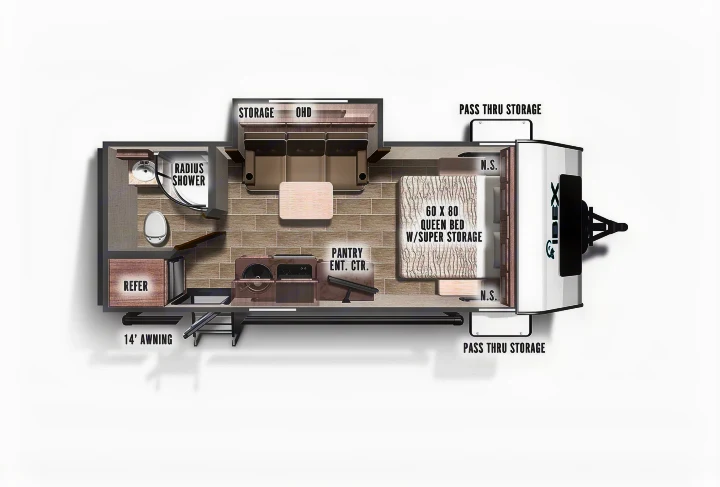 This RV rental floor plan details an Ibex travel trailer's interior, featuring a queen bed, radius shower, kitchen, and living space.. Forest River Ibex 2021