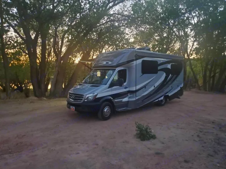Gray Mercedes-Benz RV rental parked on a dirt path, surrounded by tall trees, offering a peaceful nature escape.. Forest River Sunseeker 2017