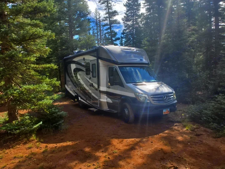 An RV rental, a grey and black motorhome, is parked on a dirt path in a sun-dappled forest, perfect for camping.. Forest River Sunseeker 2017