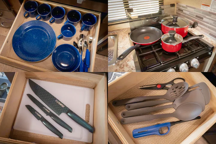 This rv rental offers a fully stocked kitchen kit: cookware, utensils, and dinnerware like blue enamel plates and knives. Ready for your adventure!. Thor Motor Coach Chateau 2019