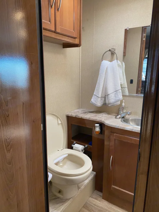Compact RV rental bathroom with toilet, bidet, sink, mirror, and wooden cabinets. Ideal for road trips.. Coachmen Pursuit, bunk beds, low mileage, saves gasoline 2019