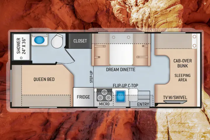 Detailed RV rental floor plan. See this motorhome's layout with queen bed, dinette, kitchen, bath, and cab-over bunk.. Thor Motor Coach Chateau 2019