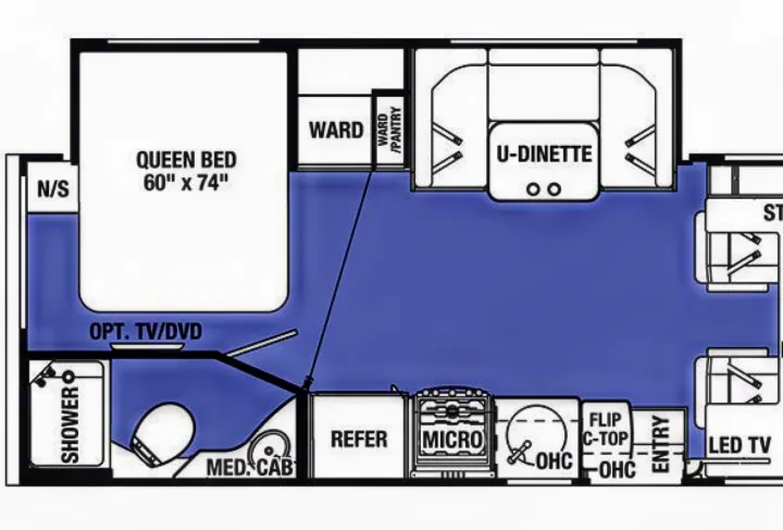 RV rental floor plan detailing a comfortable interior layout with a queen bed, U-dinette, kitchen, and full bathroom.. Forest River Sunseeker 2017