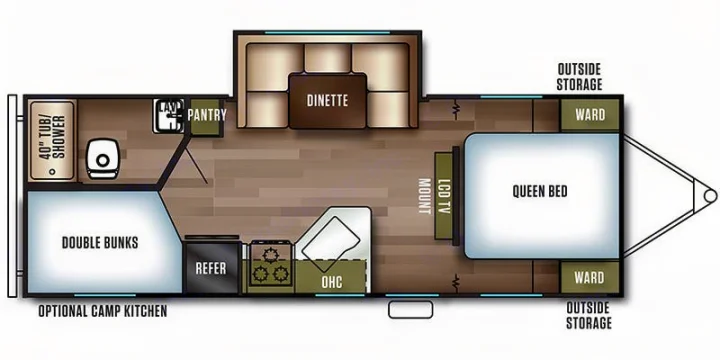 This RV rental floor plan shows the interior layout with a queen bed, double bunks, dinette, kitchen, and full bath.. Forest River Cruise Lite 2019