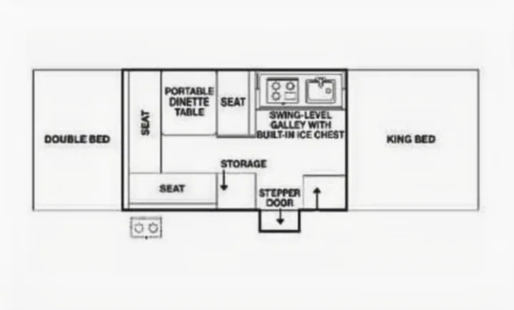 RV rental floor plan: A camper's interior layout with double & king beds, central galley kitchen, dinette, seating, and storage.. Coleman Grand Tour Carmel 2003
