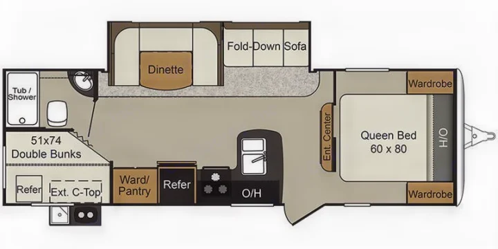 RV rental floor plan of a travel trailer.. Keystone Passport 2017