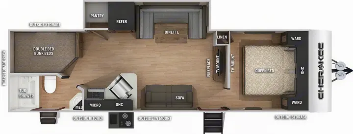 RV rental floor plan showing a queen bed, double bunk beds, kitchen, and spacious living area.. Forest River Cherokee Grey Wolf 2021