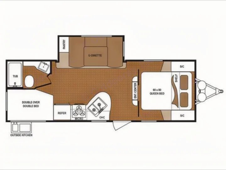 Detailed RV rental floor plan: Queen bed, U-dinette, kitchen, bathroom, and double-over-double bunk beds for your next adventure.. Dutchmen Aspen Trail 2020